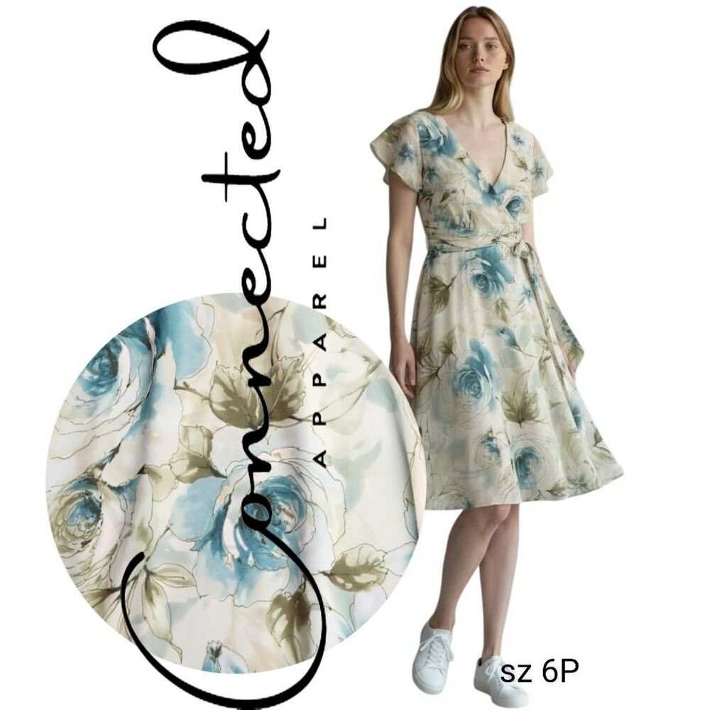 Dress Flowy Shades of Blue Floral Feminine Knee Length  Connected Apparel Petite